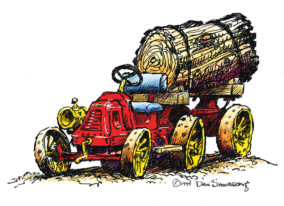 To sell a photo op you of course need a great concept drawing. This was the first one we came up with more than twenty years ago. It is an antique logging truck, and you can see the finished version at right.