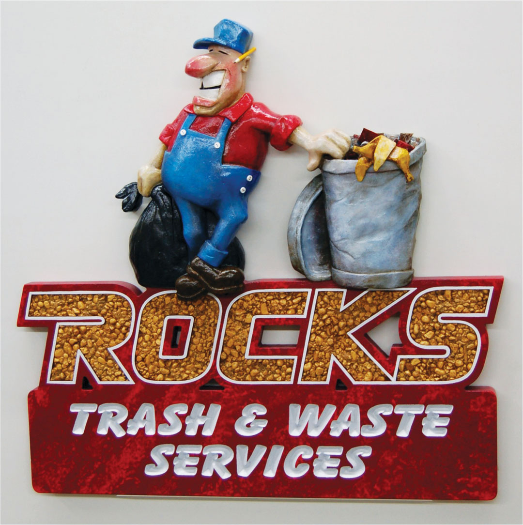 Wall-mounted sign made of HDU board; character and trash can are hand carved.