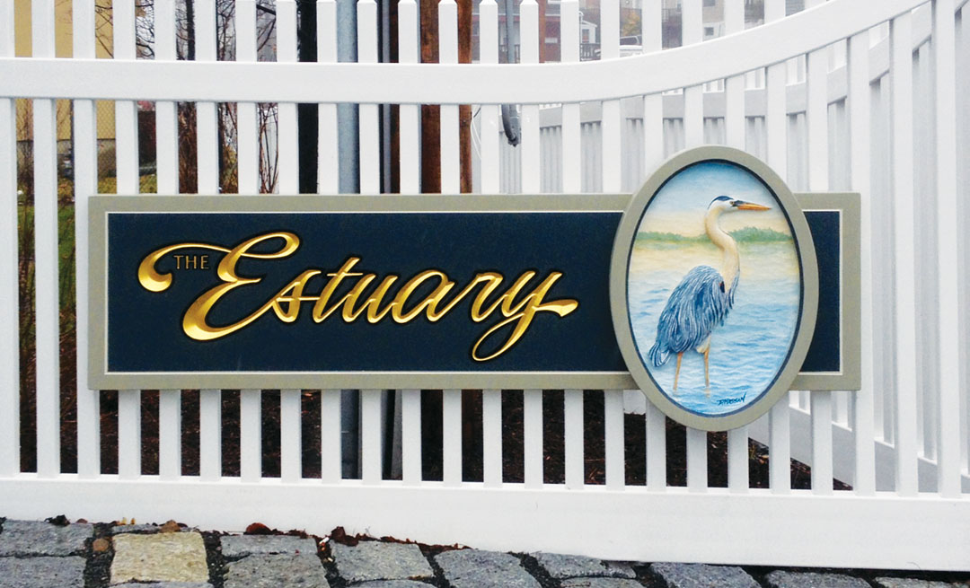 Incised letters finished with gold leaf carved in a 1½-in. 18-lb. HDU panel laminated to a ¾-in. overlaid plywood backer. The hand-carved graphic panel is 2-in. HDU board. David Hassan, Hassan Sign Co., Cohasset, Massachusetts